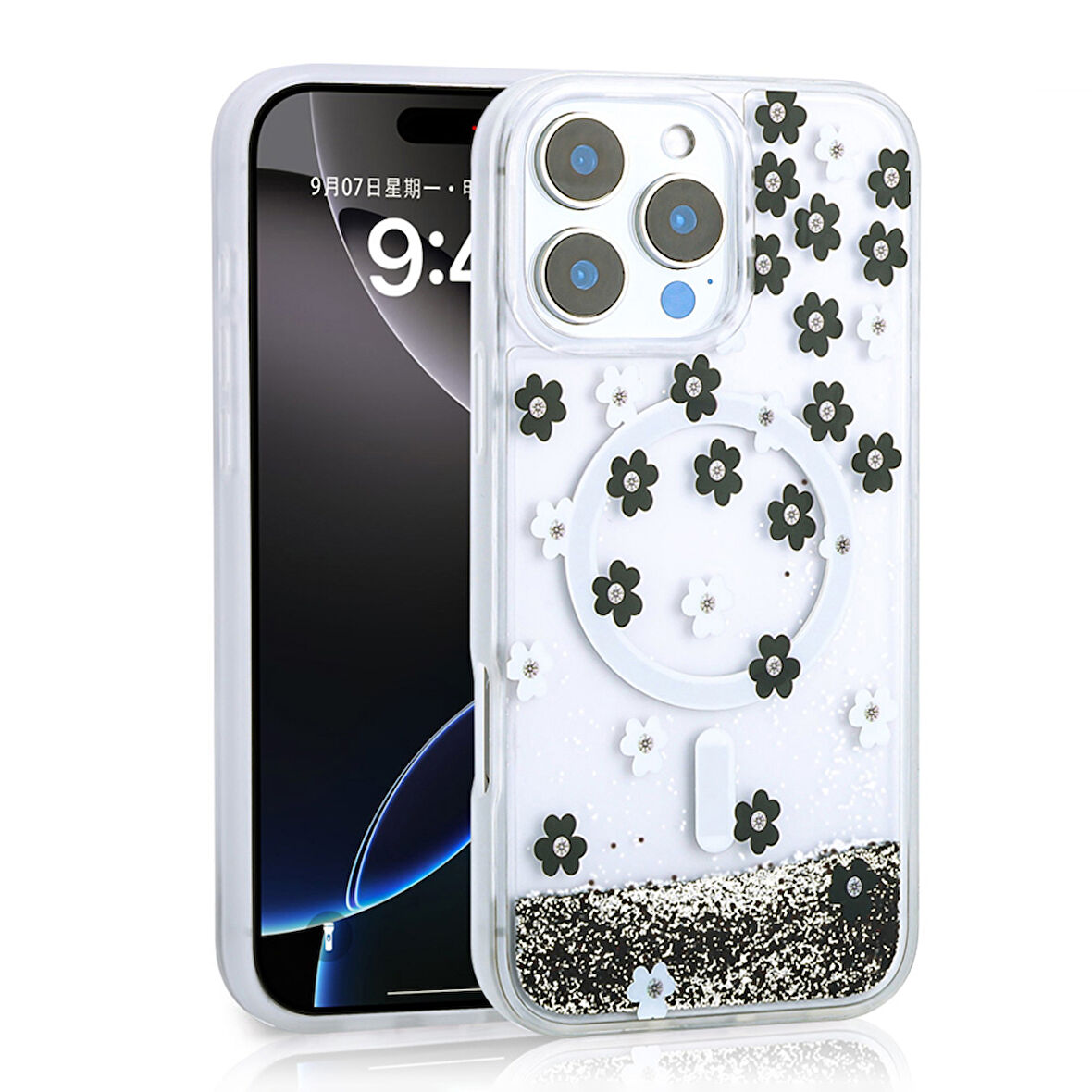 iPhone 16 Pro Uyumlu Kılıf Sıvılı Simli Baskılı Şeffaf Arka Yüzey Zore Mossa Silikon Kapak-Siyah