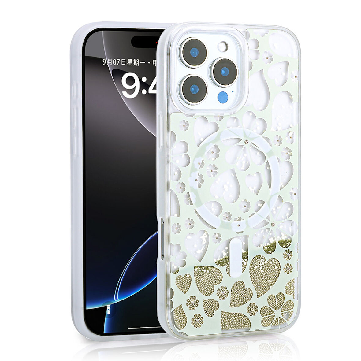 iPhone 16 Pro Max Kılıf Sıvılı Simli Baskılı Şeffaf Arka Yüzey Mossa Silikon Kapak