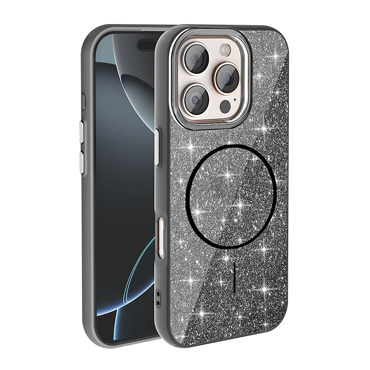 iPhone 16 Pro Max Kılıf Magsafe Şarj Özellikli Parlayan Simli Okso Kapak