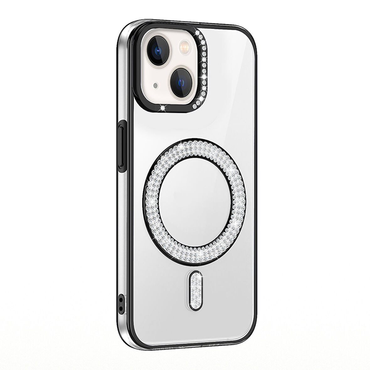 iPhone 14 Kılıf Pırlanta Taş Tasarımlı Kablosuz Şarj Özellikli Karetta Silikon Kapak