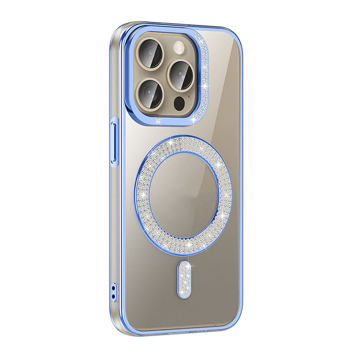 iPhone 15 Pro Max Kılıf Pırlanta Taş Tasarımlı Kablosuz Şarj Özellikli Karetta Silikon Kapak