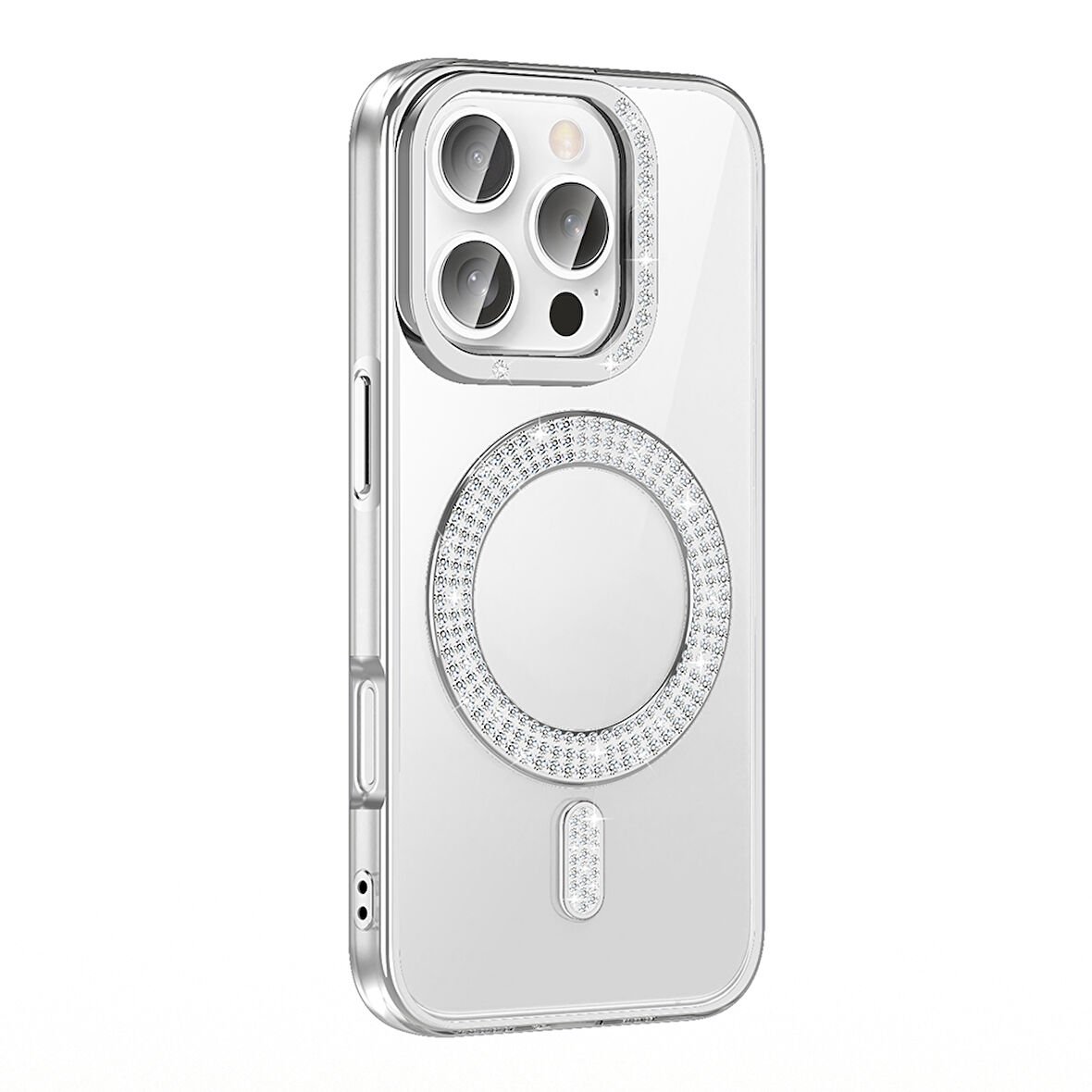 iPhone 16 Pro Max Kılıf Pırlanta Taş Tasarımlı Kablosuz Şarj Özellikli Karetta Silikon Kapak