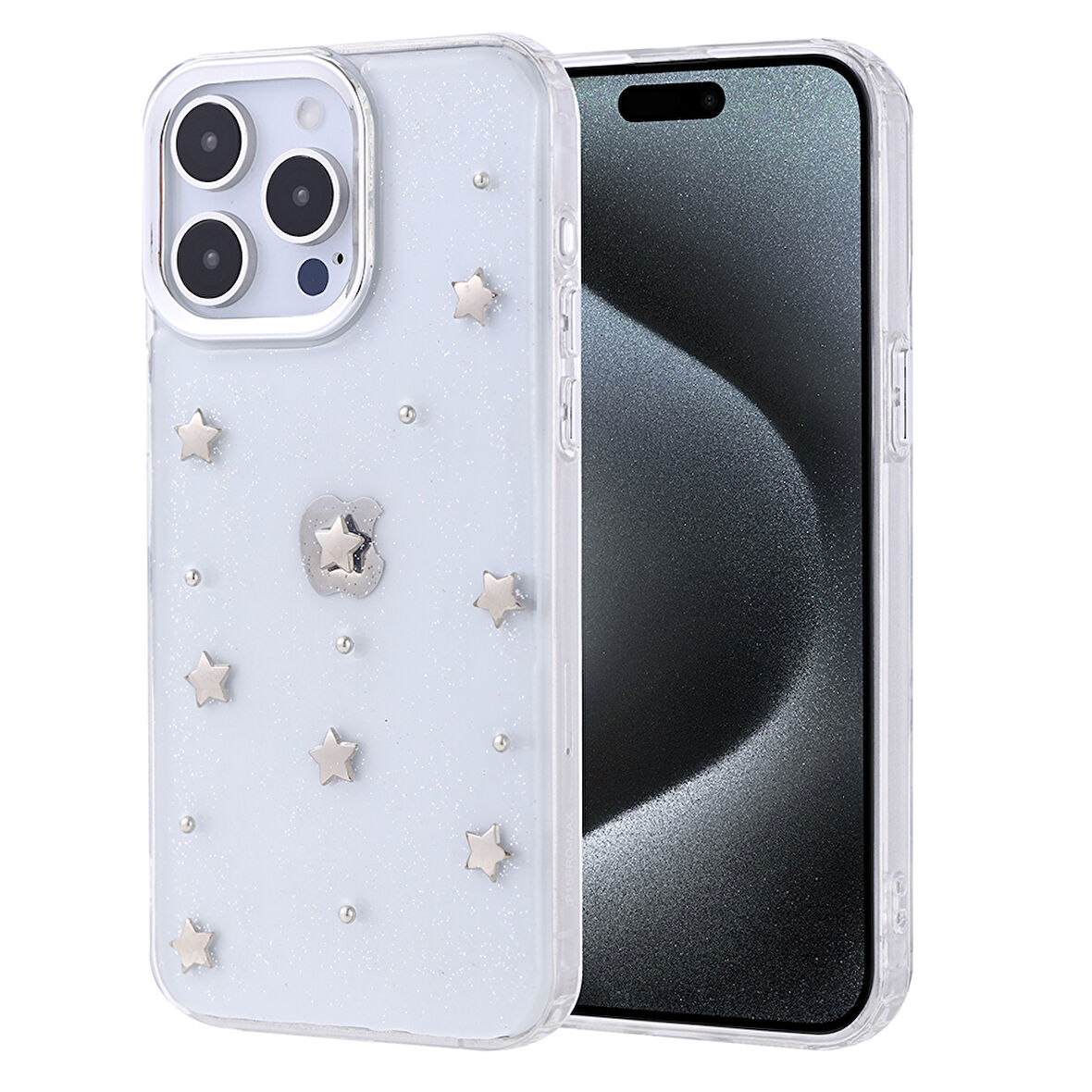 iPhone 15 Pro Max Kılıf Airbag Tasarımlı Simli Şeffaf Zore Kutup Kapak - Yıldız