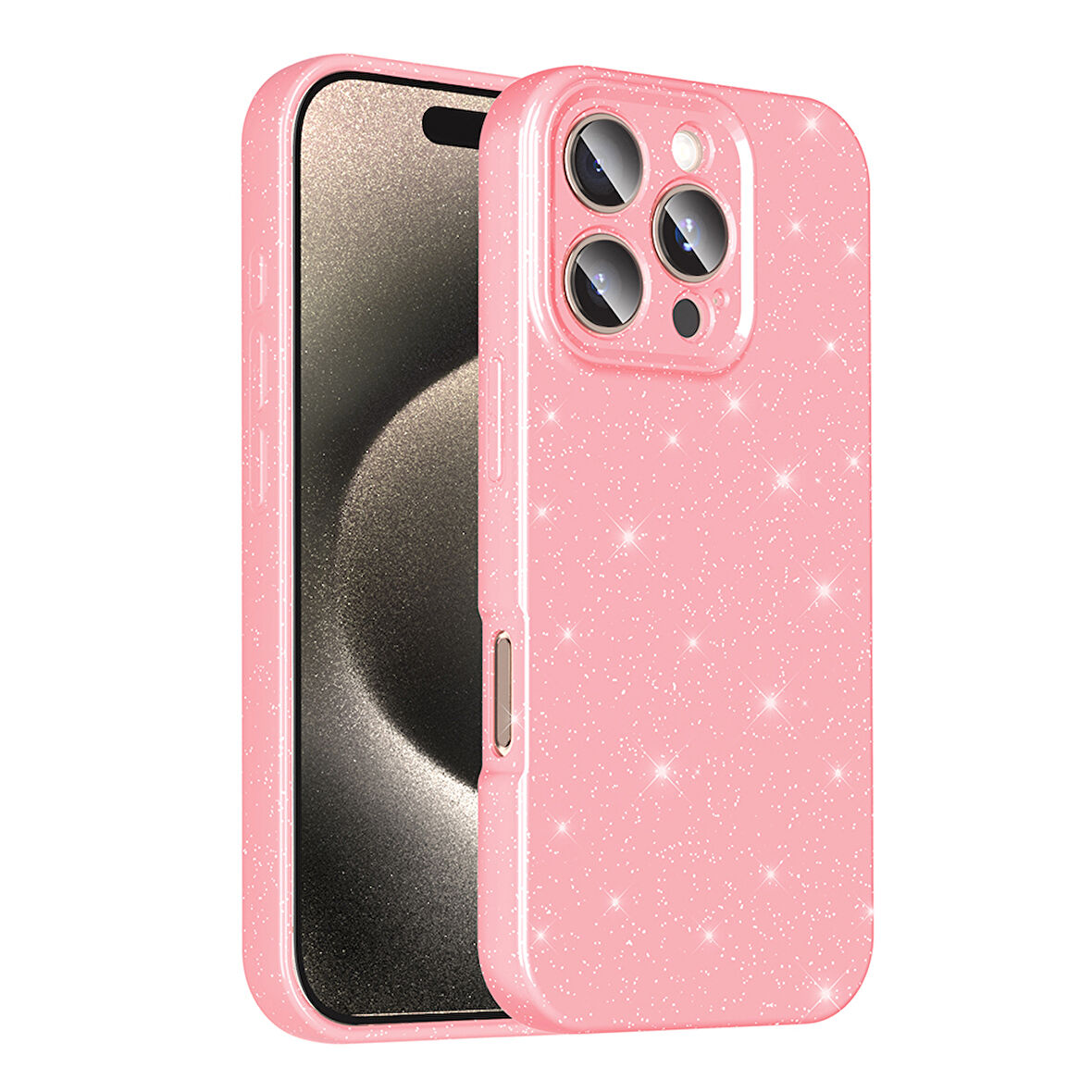 iPhone 16 Pro Kılıf Kamera Korumalı Simli Lüks MBTM Koton Kapak - Açık Pembe