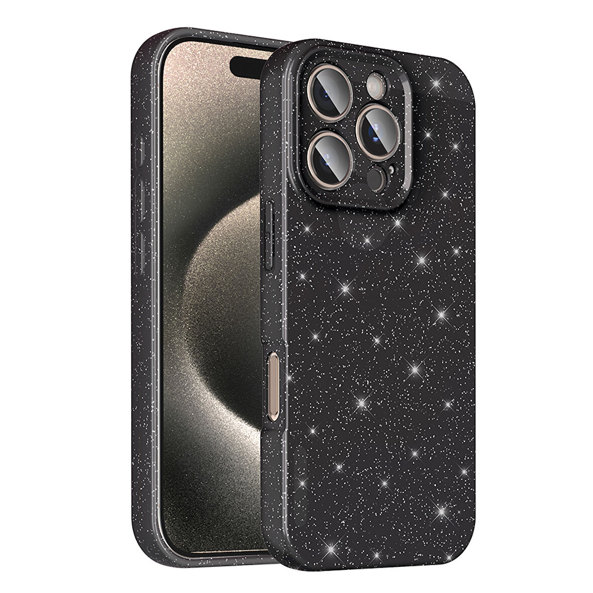 iPhone 16 Pro Max Kılıf Kamera Korumalı Simli Lüks MKST Koton Kapak - Siyah