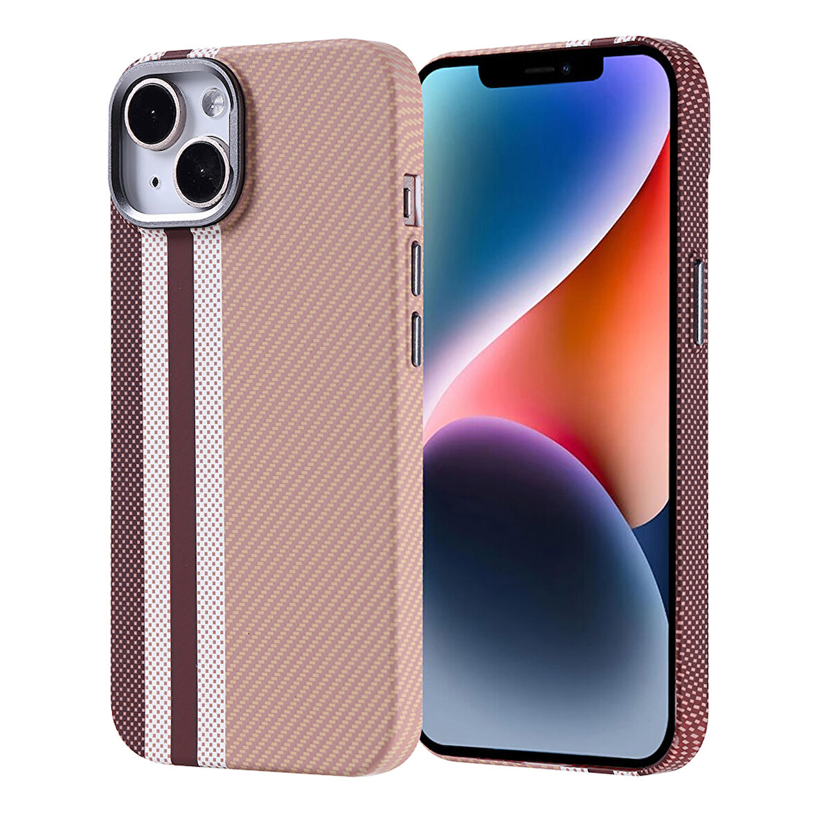 iPhone 14 Kılıf Magsafe Şarj Özellikli Karbon Fiber Görünümlü Zore Nekst Kapak - Gold