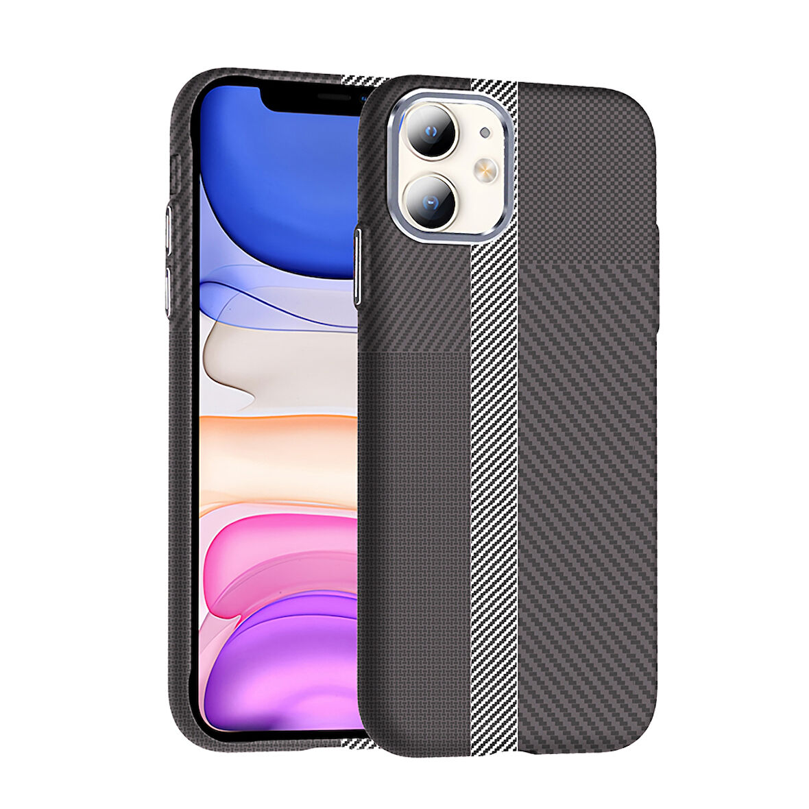 iPhone 11 Kılıf Magsafe Şarj Özellikli Karbon Fiber Görünümlü EFFX Gros Kapak - Gri-Siyah