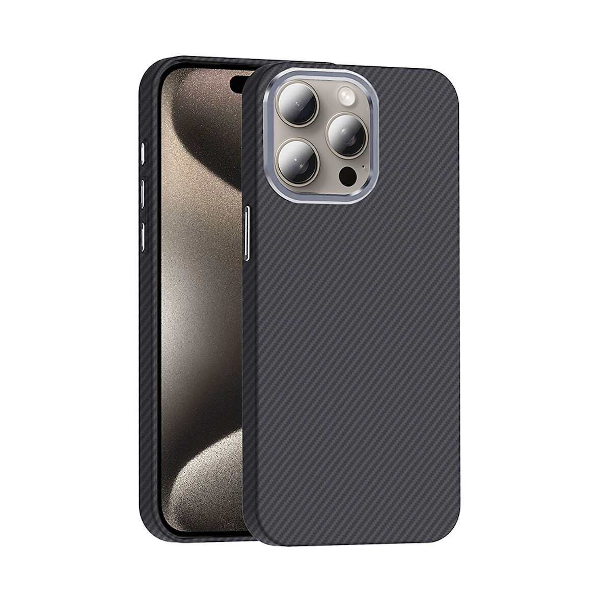 iPhone 15 Pro Max Kılıf Magsafe Şarj Özellikli Karbon Fiber Görünümlü UCY Gros Kapak - Siyah