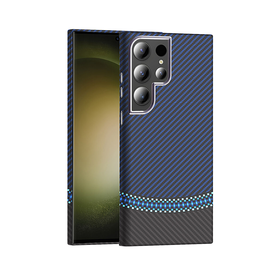 Galaxy S23 Ultra Kılıf M-safe Şarj Özellikli Karbon Fiber Görünümlü İNC Gros Kapak - Siyah-Lacivert