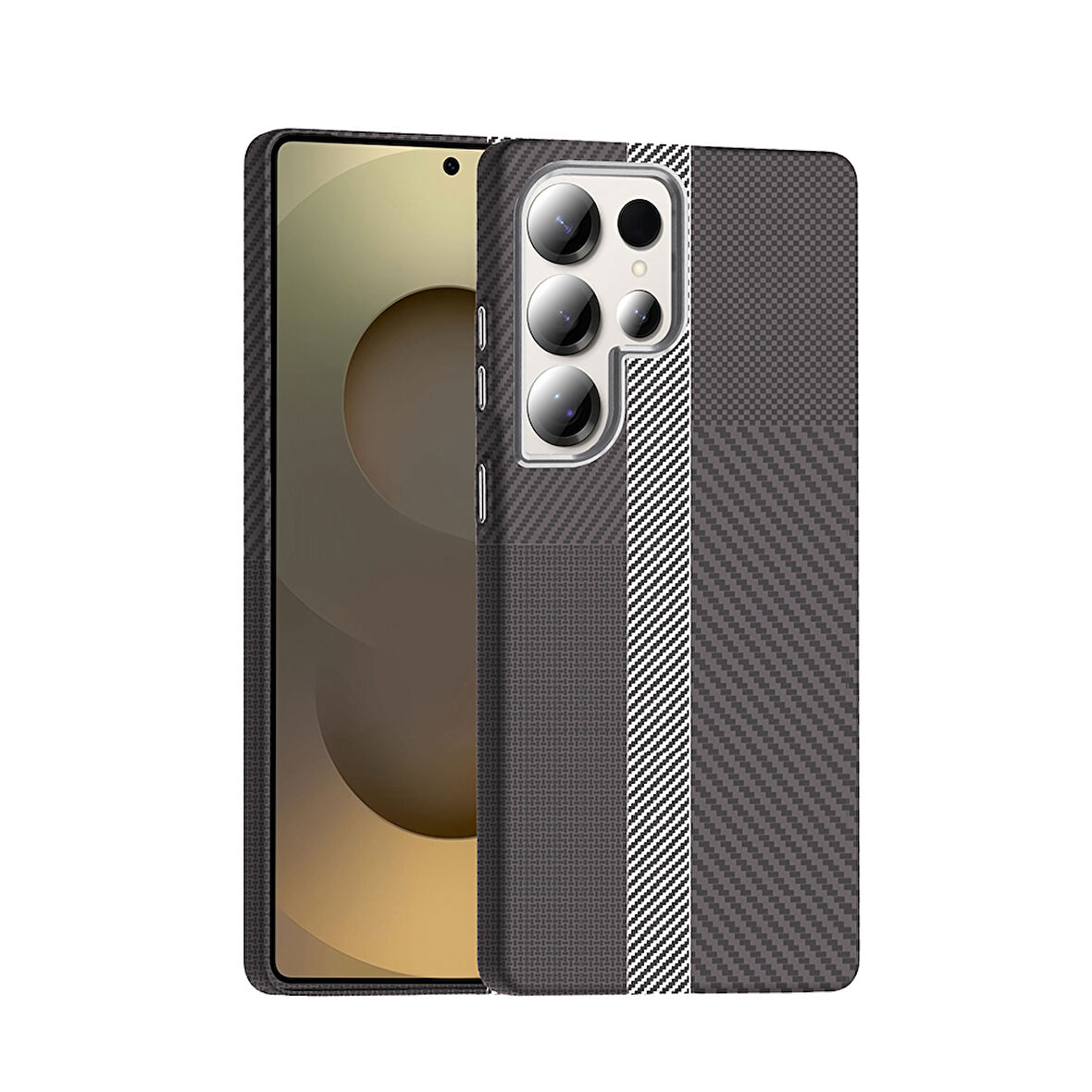 Galaxy S25 Ultra Kılıf M-safe Şarj Özellikli Karbon Fiber Görünümlü FRMS Gros Kapak - Gri-Siyah