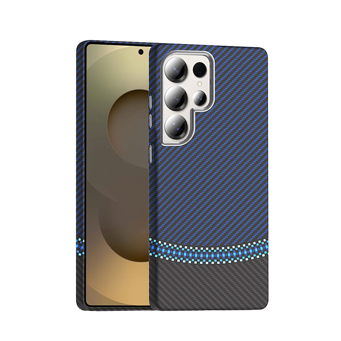 Galaxy S25 Ultra Kılıf M-safe Şarj Özellikli Karbon Fiber Görünümlü HGEA Gros Kapak - Siyah-Lacivert