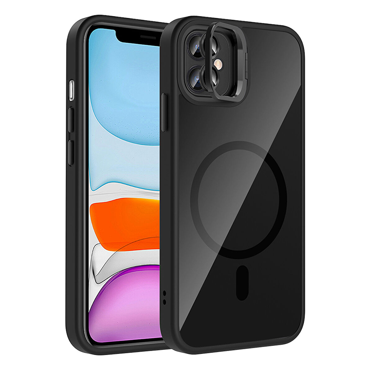 iPhone 11 Kılıf Standlı ve Kamera Lens Hediyeli M-Safe Şarj Özellikli FRMS Etro Kapak - Siyah