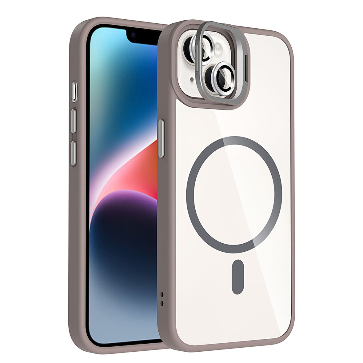 iPhone 14 Kılıf Standlı ve Kamera Lens Hediyeli M-Safe Şarj Özellikli MKST Etro Kapak - Gri