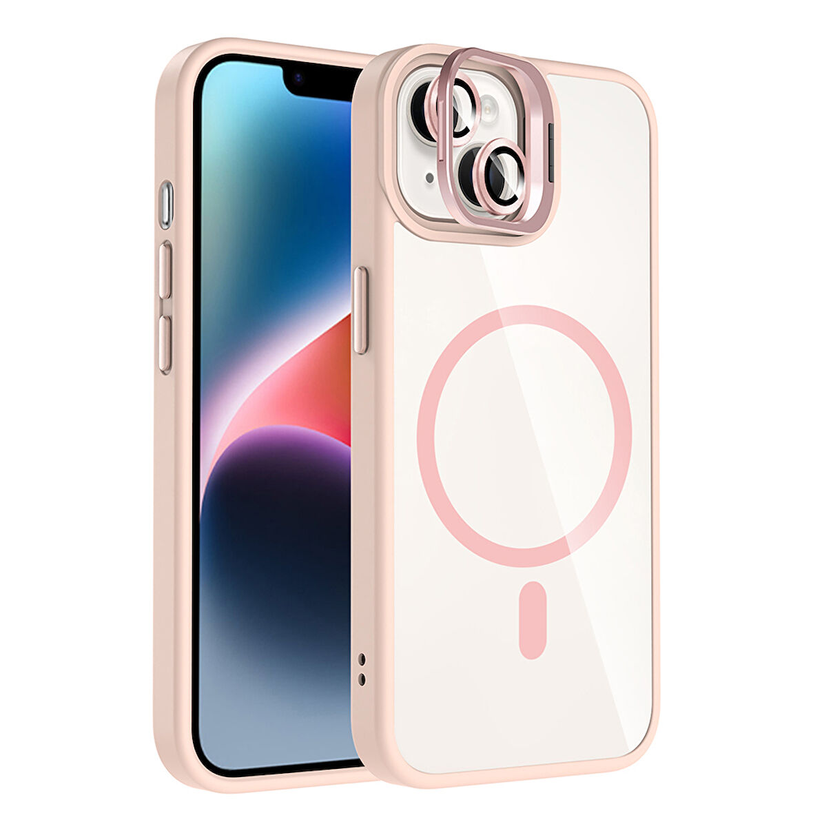 iPhone 14 Kılıf Standlı ve Kamera Lens Hediyeli M-Safe Şarj Özellikli ALT Etro Kapak - Pembe
