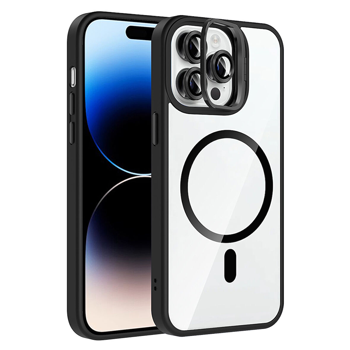 iPhone 14 Pro Max Kılıf Standlı ve Kamera Lens Hediyeli M-Safe Şarj Özellikli KLFS Etro Kapak - Siya