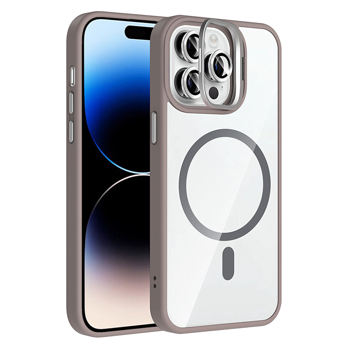 iPhone 14 Pro Max Kılıf Standlı ve Kamera Lens Hediyeli M-Safe Şarj Özellikli EFFX Etro Kapak - Gri