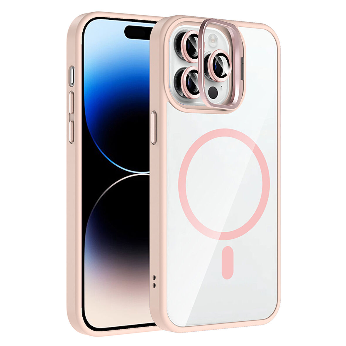 iPhone 14 Pro Max Kılıf Standlı ve Kamera Lens Hediyeli M-Safe Şarj Özellikli ALT Etro Kapak - Pemb