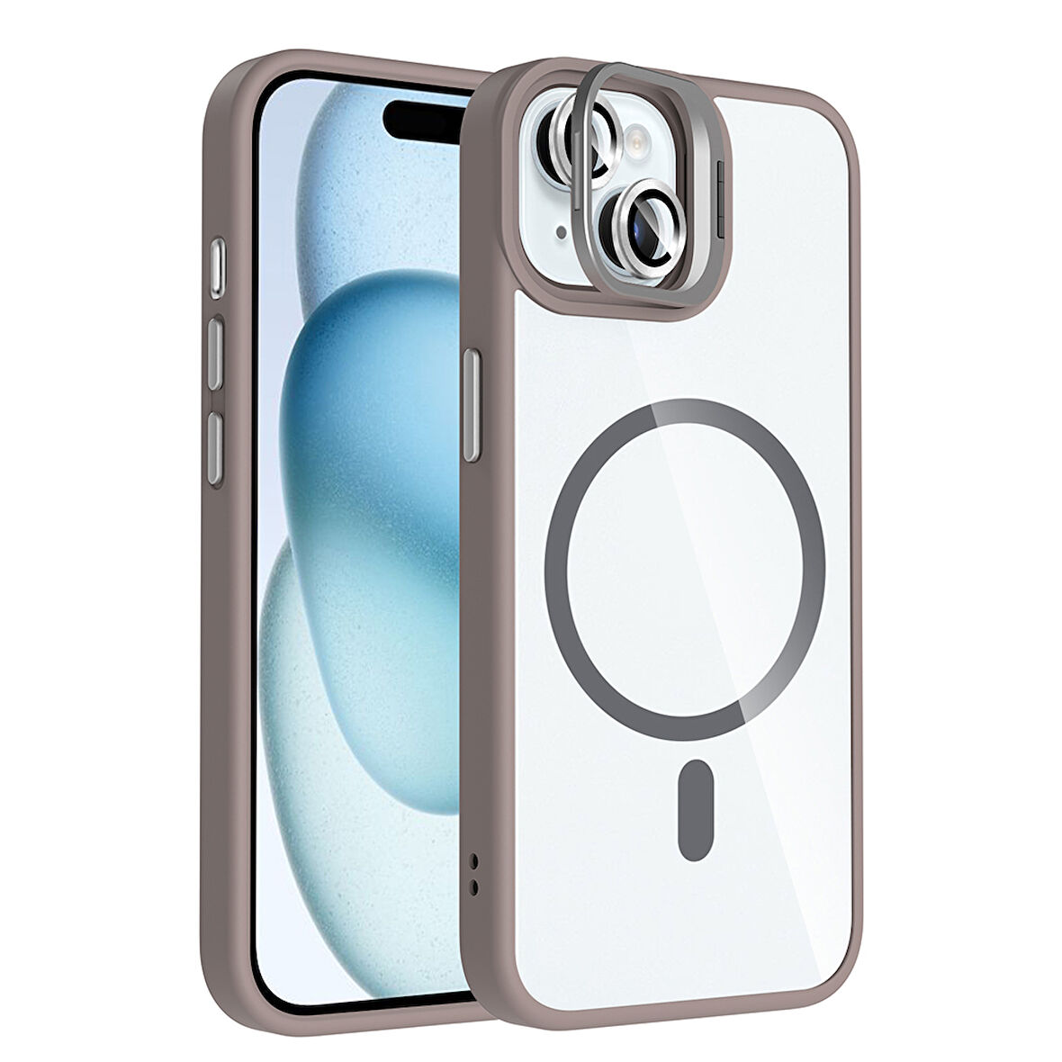iPhone 15 Kılıf Standlı ve Kamera Lens Hediyeli M-Safe Şarj Özellikli SYS Etro Kapak - Gri