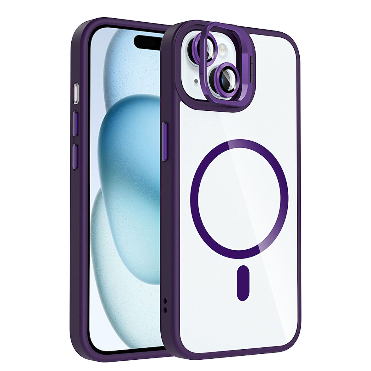 iPhone 15 Kılıf Standlı ve Kamera Lens Hediyeli M-Safe Şarj Özellikli UCY Etro Kapak - Derin Mor