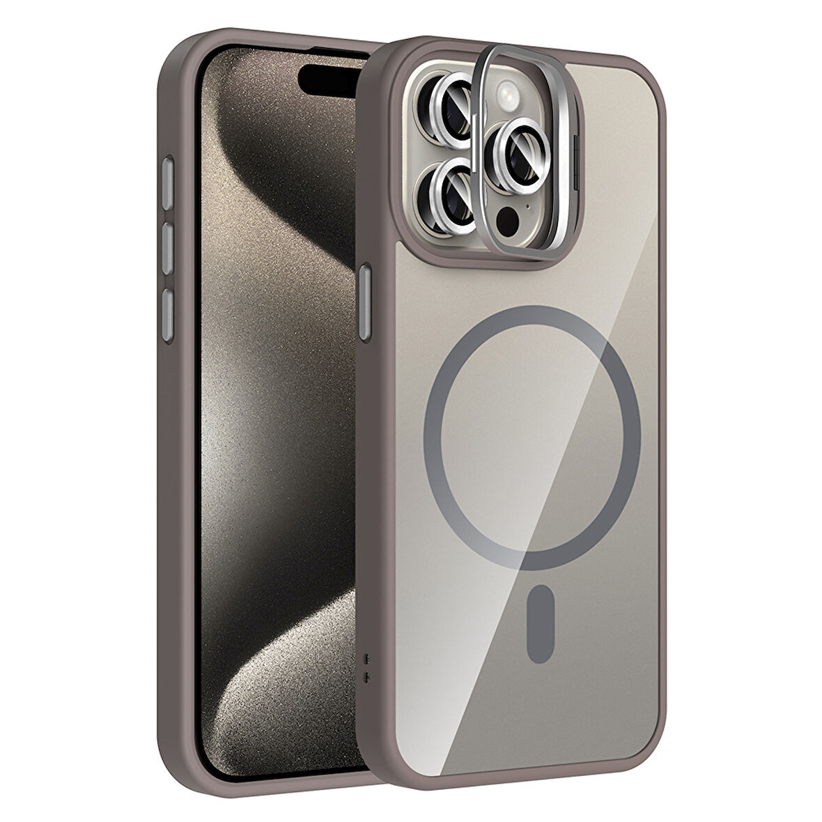iPhone 15 Pro Kılıf Standlı ve Kamera Lens Hediyeli Kablosuz Şarj Özellikli Etro Kapak