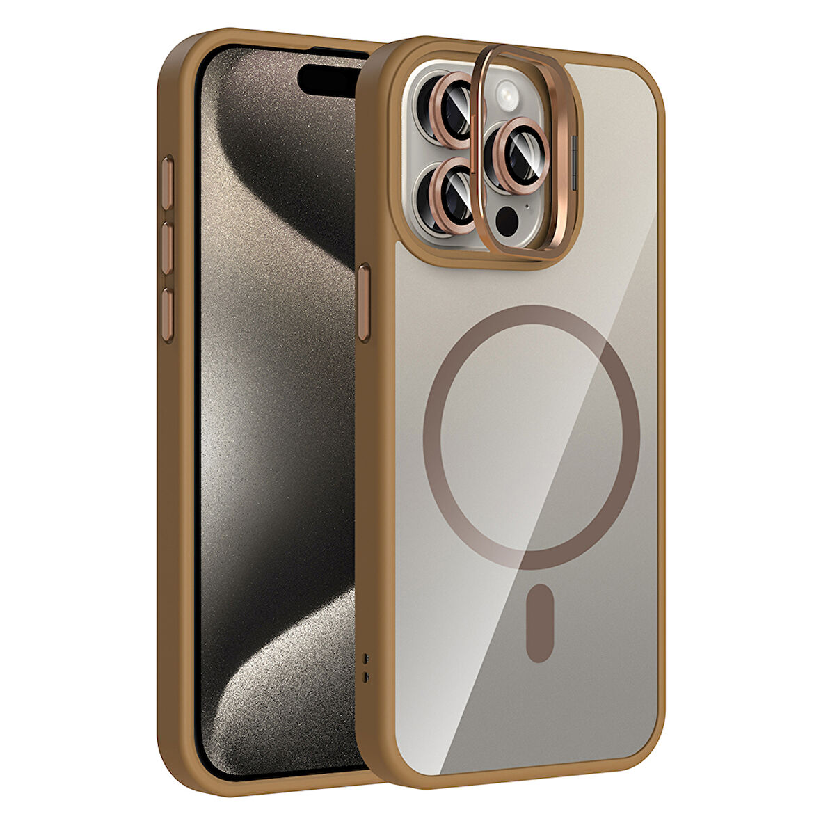 iPhone 15 Pro Kılıf Standlı ve Kamera Lens Hediyeli M-Safe Şarj Özellikli UCY Etro Kapak - Desert T