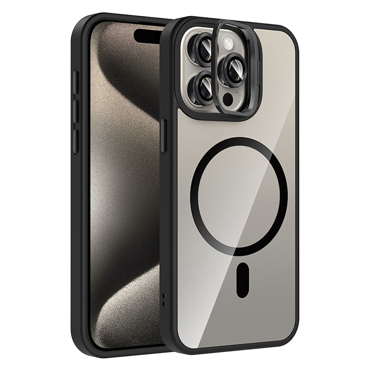 iPhone 15 Pro Max Kılıf Standlı ve Kamera Lens Hediyeli Kablosuz Şarj Özellikli Etro Kapak