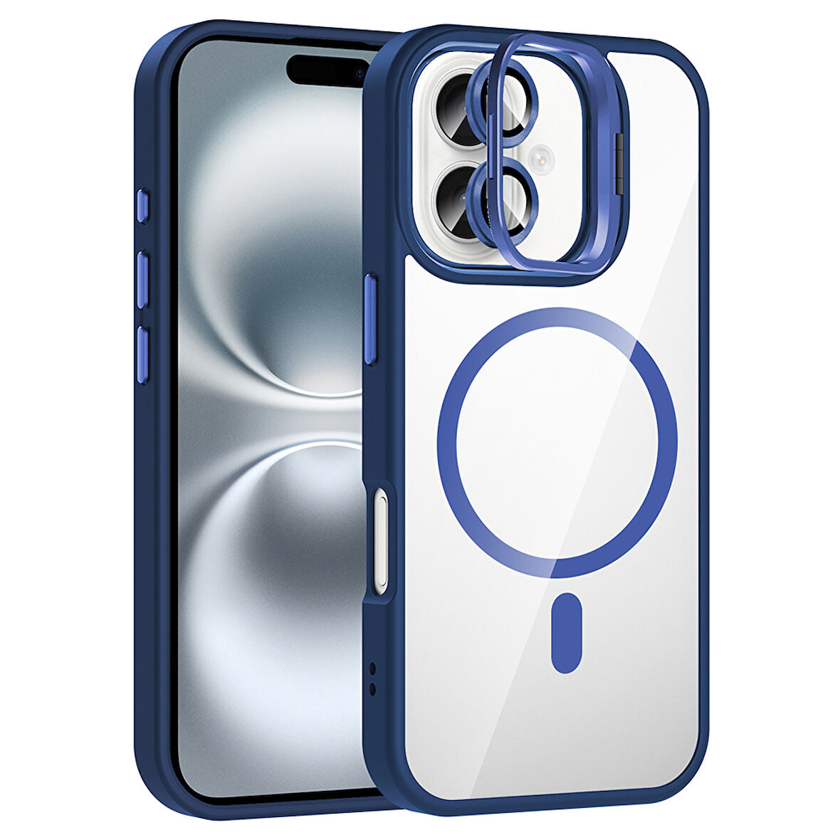iPhone 16 Kılıf Standlı ve Kamera Lens Hediyeli M-Safe Şarj Özellikli UCY Etro Kapak - Lacivert
