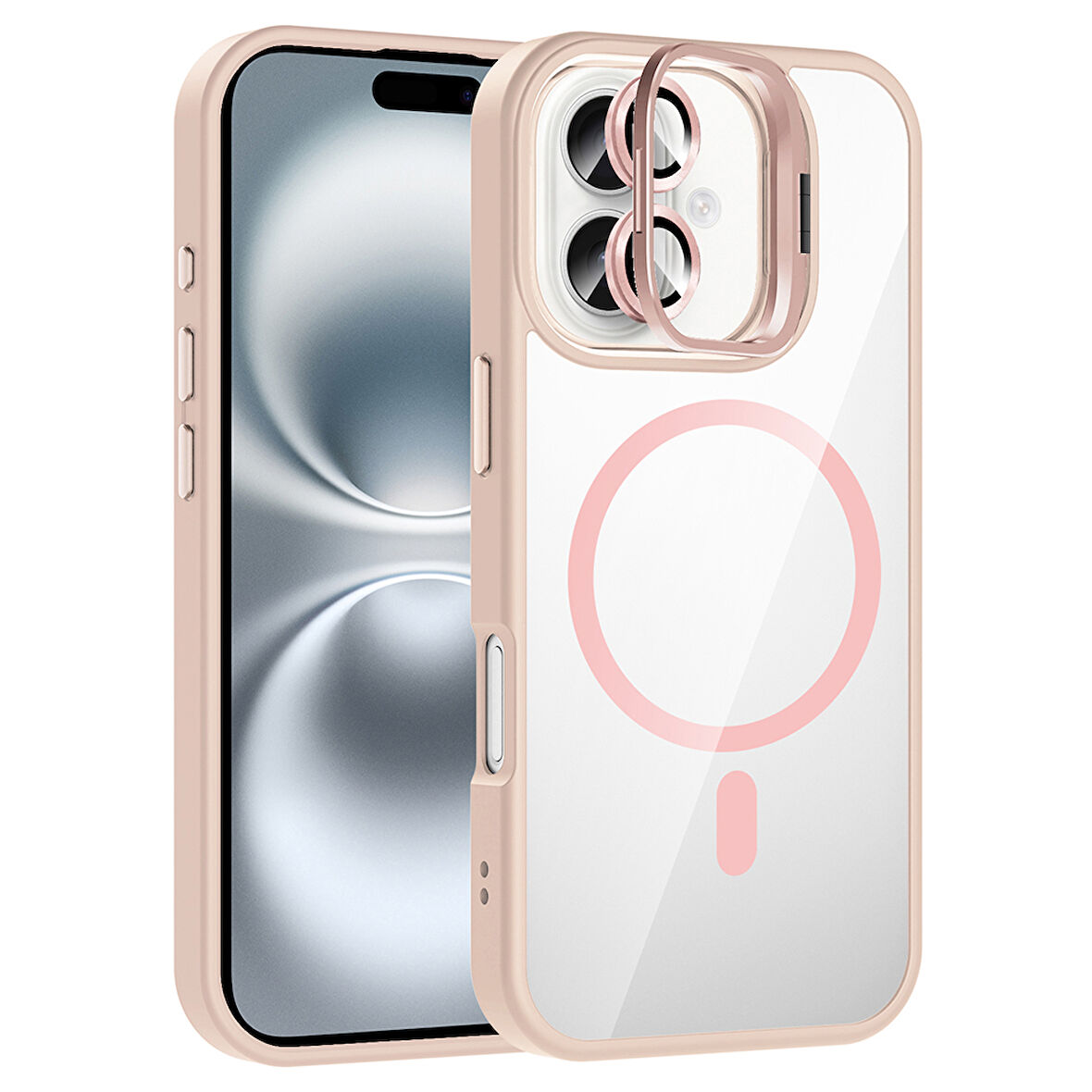 iPhone 16 Kılıf Standlı ve Kamera Lens Hediyeli M-Safe Şarj Özellikli EFFX Etro Kapak - Pembe