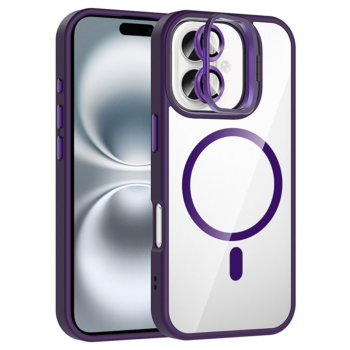 iPhone 16 Plus Kılıf Standlı ve Kamera Lens Hediyeli M-Safe Şarj Özellikli UCY Etro Kapak - Derin M