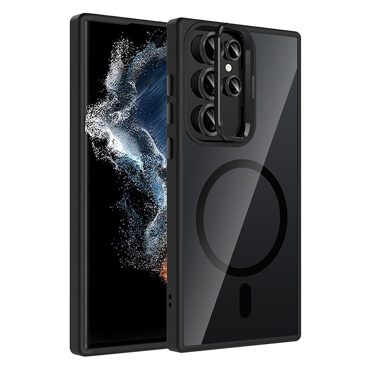 Galaxy S22 Ultra Kılıf Standlı ve Kamera Lens Hediyeli M-Safe Şarj Özellikli EFFX Etro Kapak - Siyah