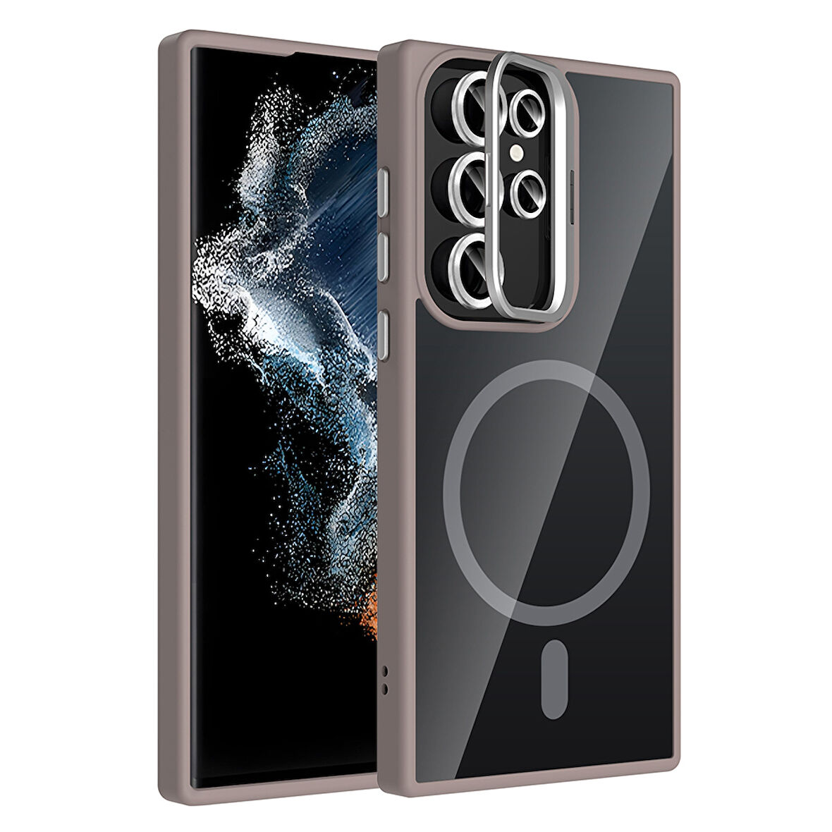 Galaxy S23 Ultra Kılıf Standlı ve Kamera Lens Hediyeli M-Safe Şarj Özellikli EFFX Etro Kapak - Gri