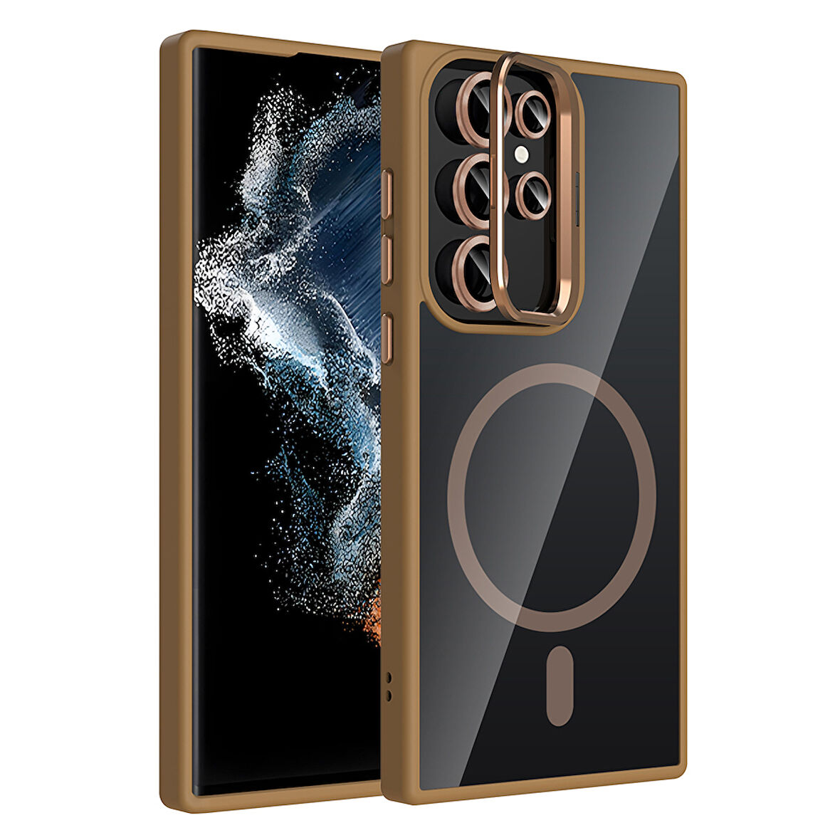 Galaxy S23 Ultra Kılıf Standlı ve Kamera Lens Hediyeli M-Safe Şarj Özellikli EFFX Etro Kapak - Deser