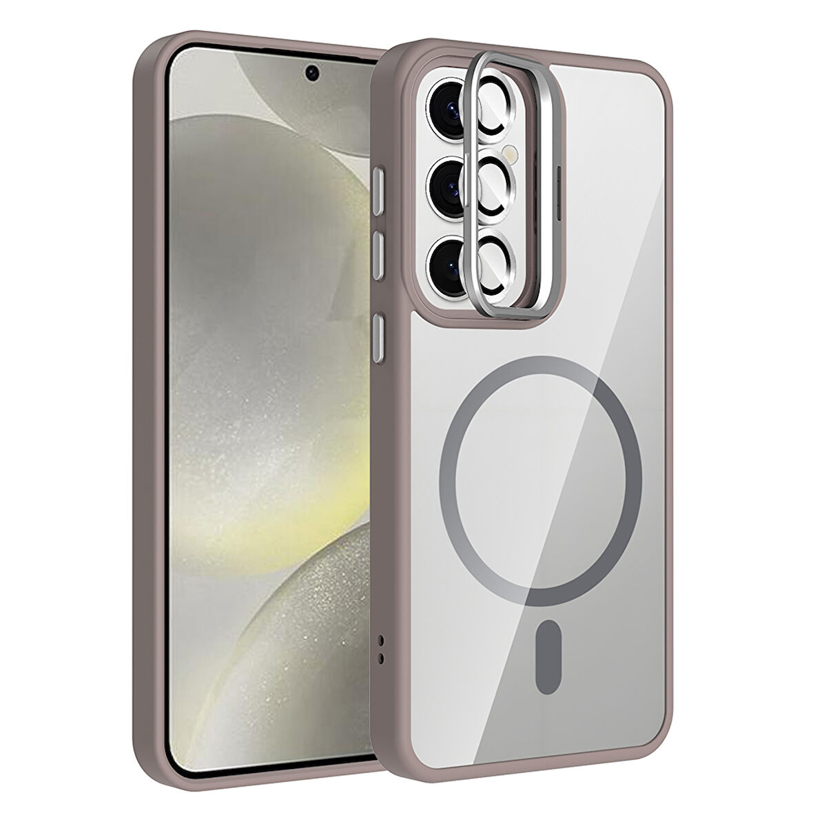 Galaxy S24 FE Kılıf Standlı ve Kamera Lens Hediyeli M-Safe Şarj Özellikli UCY Etro Kapak - Gri