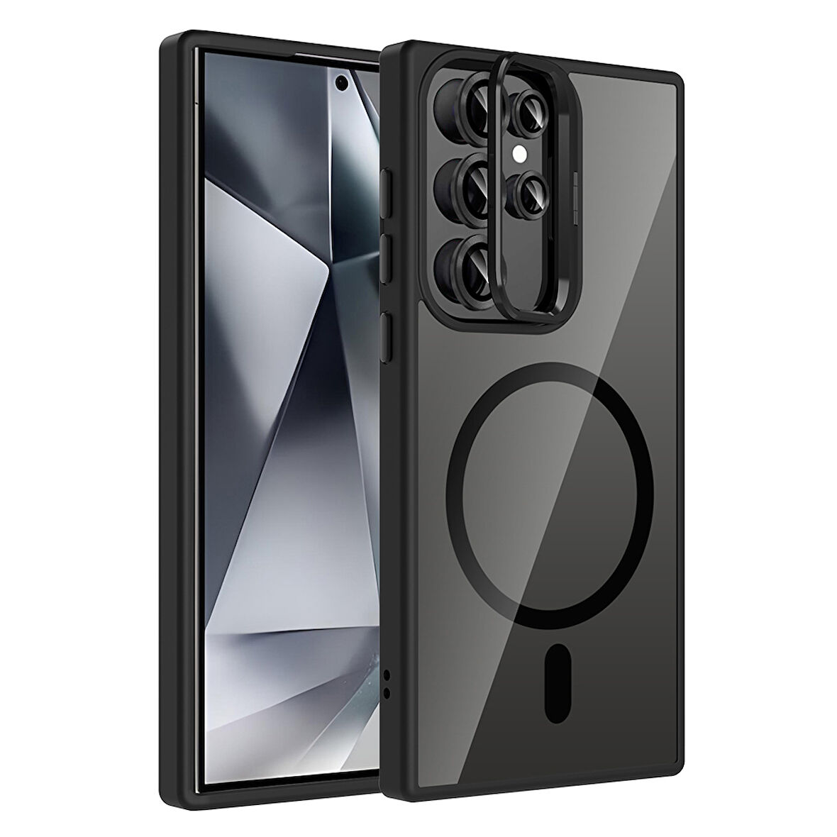 Galaxy S24 Ultra Kılıf Standlı ve Kamera Lens Hediyeli M-Safe Şarj Özellikli ALT Etro Kapak - Siyah