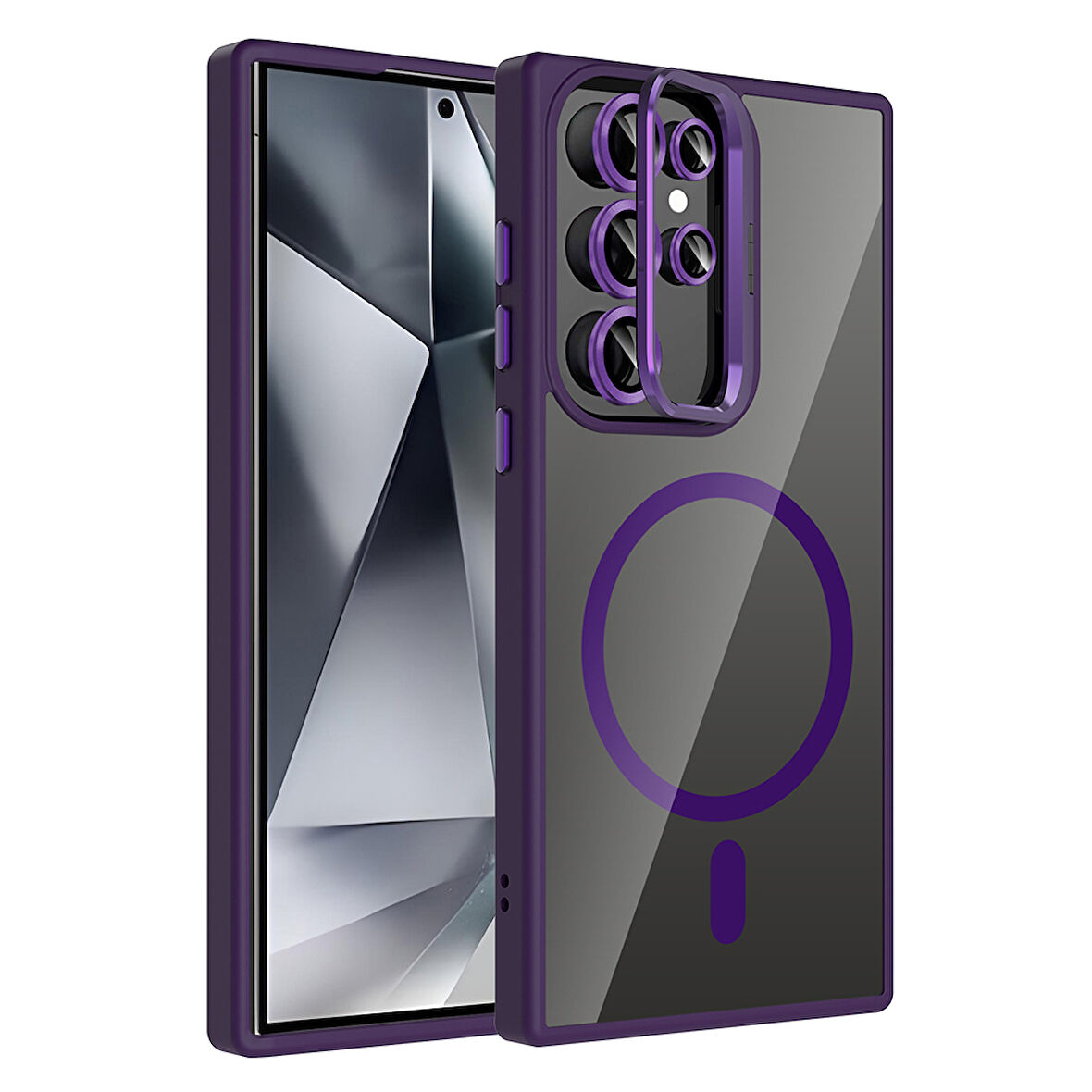 Galaxy S24 Ultra Kılıf Standlı ve Kamera Lens Hediyeli M-Safe Şarj Özellikli ALT Etro Kapak - Derin