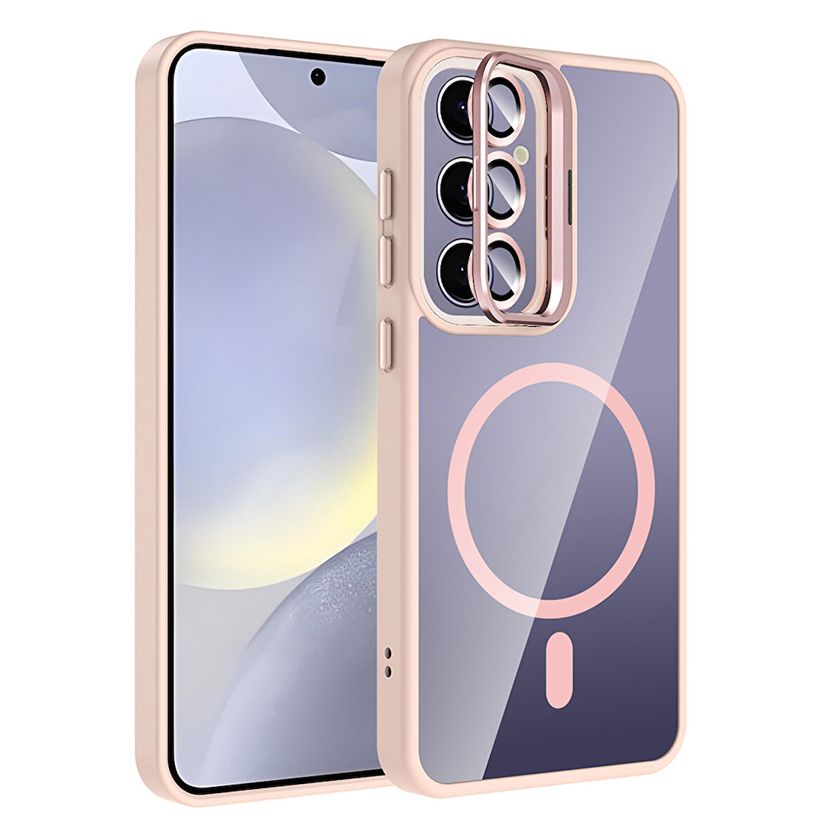 Galaxy S24 Plus Kılıf Standlı ve Kamera Lens Hediyeli M-Safe Şarj Özellikli KLFS Etro Kapak - Pembe