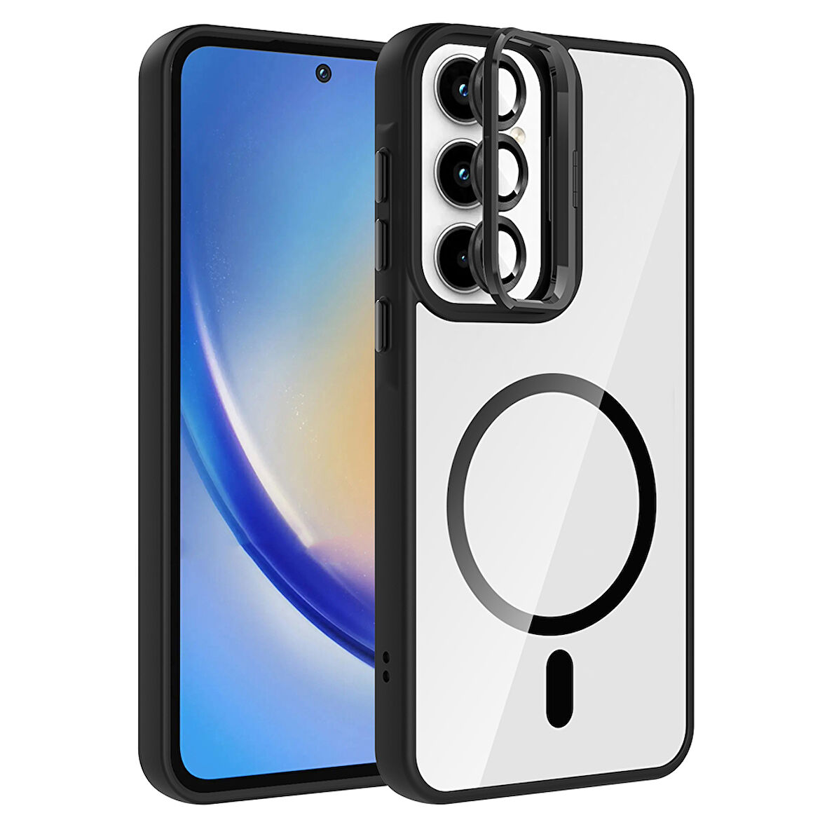 Galaxy A55 Kılıf Standlı ve Kamera Lens Hediyeli M-Safe Şarj Özellikli FRMS Etro Kapak - Siyah