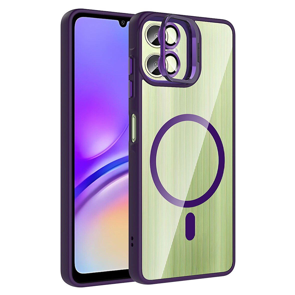 Galaxy A06 Kılıf Standlı ve Kamera Lens Hediyeli M-Safe Şarj Özellikli FRMS Etro Kapak - Derin Mor