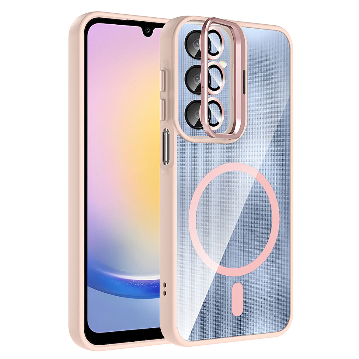 Galaxy A16 Kılıf Standlı ve Kamera Lens Hediyeli M-Safe Şarj Özellikli SYS Etro Kapak - Pembe