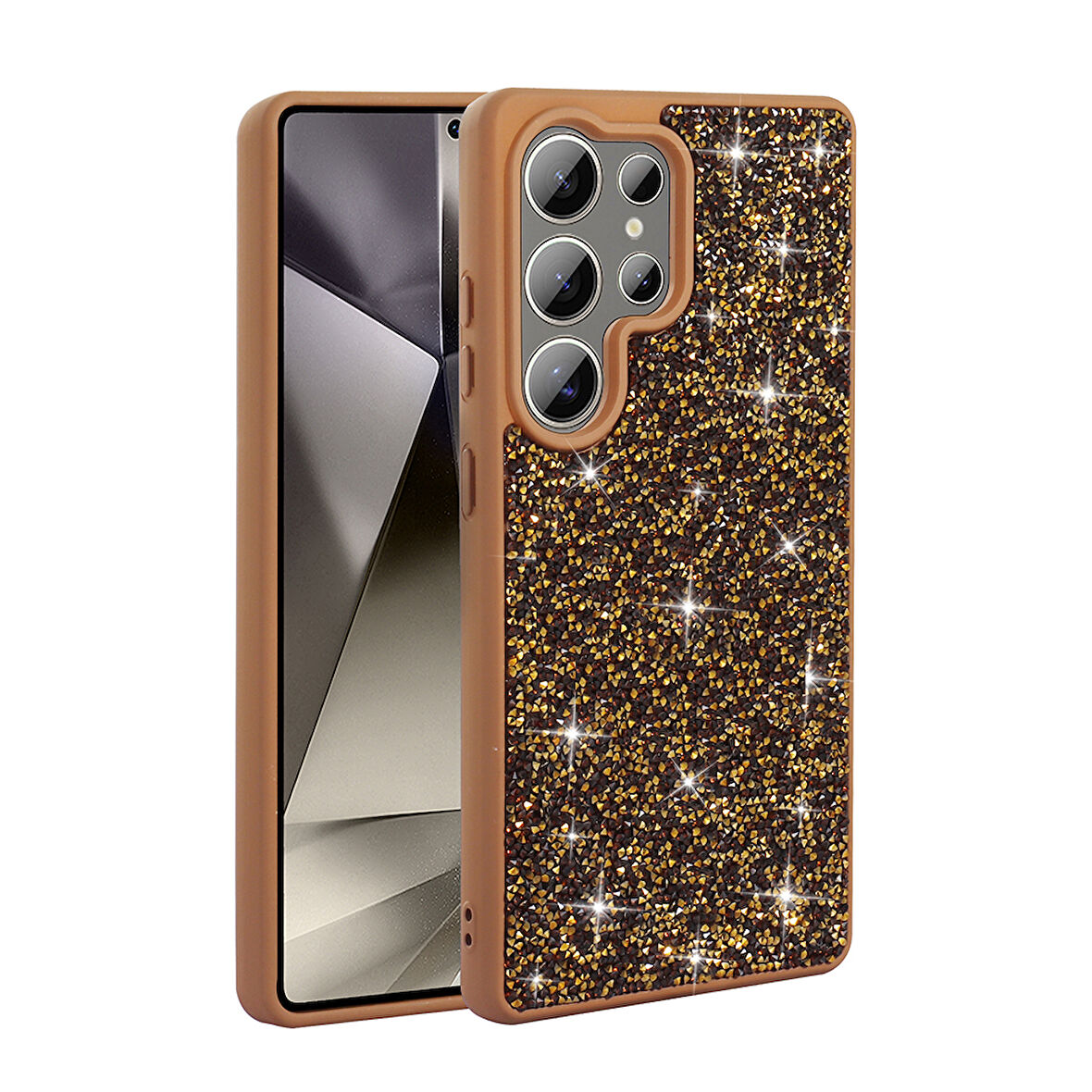 Galaxy S22 Ultra Kılıf Parlak Taşlı Tasarım KLFS Pırlanta Kapak - Gold