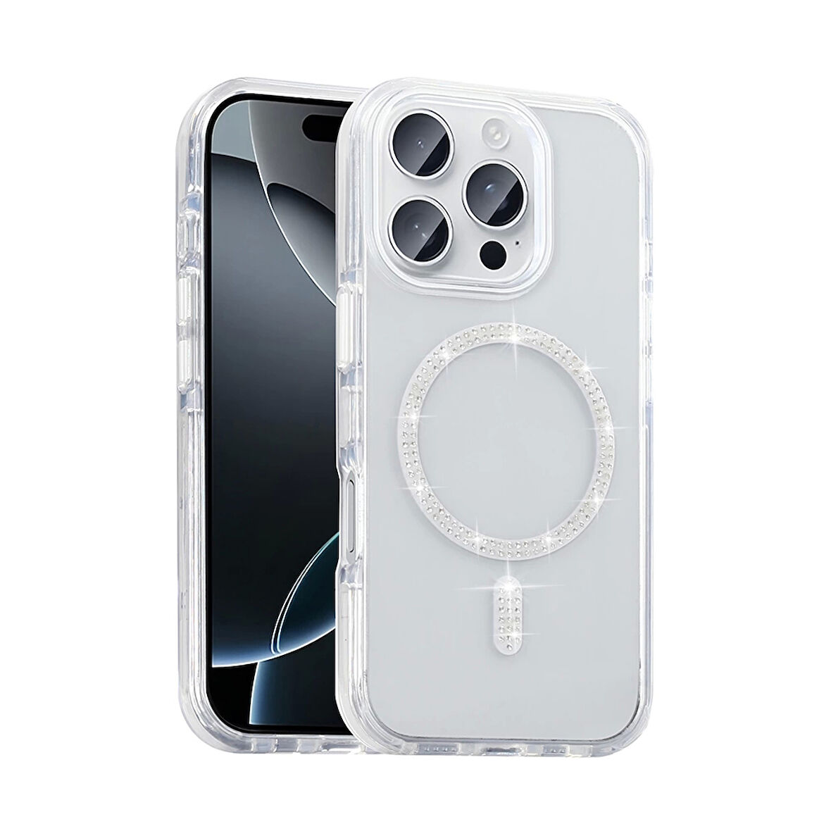 Apple iPhone 15 Pro Max Kılıf Taşlı Tasarım M-safe Şarj Özellikli Zore Koment Silikon Kapak