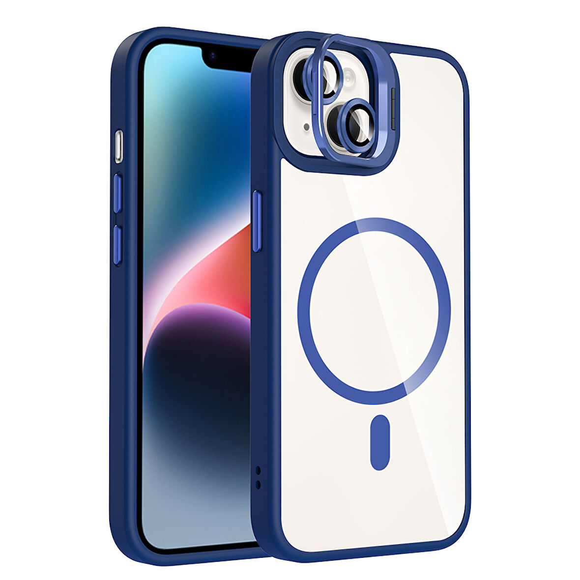 iPhone 13 Kılıf Standlı ve Kamera Lens Hediyeli M-Safe Şarj Özellikli ALT Etro Kapak - Lacivert