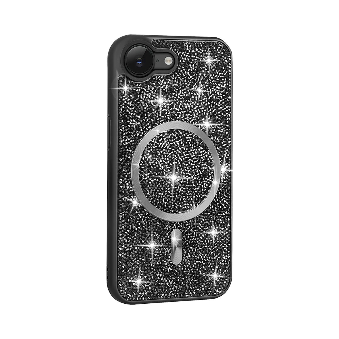 iPhone 16E Kılıf Pırlanta Tasarımlı M-safe Şarj Özellikli MKST Mozaik Silikon Kapak - Siyah