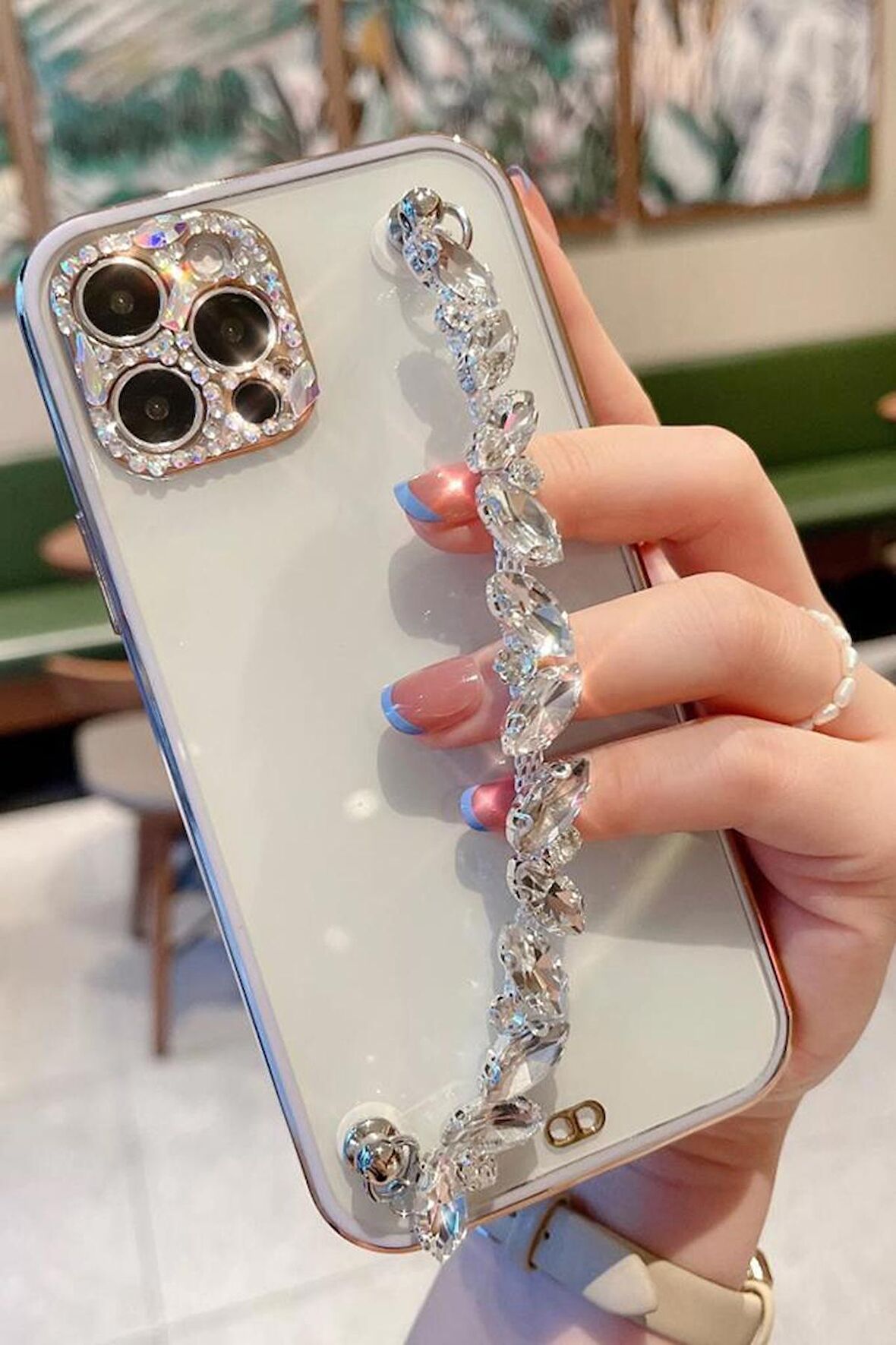 iPhone 12 Pro Max Kılıf Şeffaf Bileklik Zincirli Taş Desenli