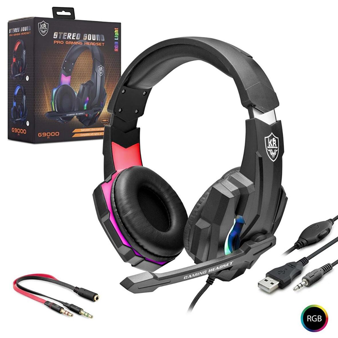 PC OYUN KULAKLIK KABLOLU 1.2MT 3.5MM USBLİ MİKROFONLU LEDLİ HADRON R/G/K-9000