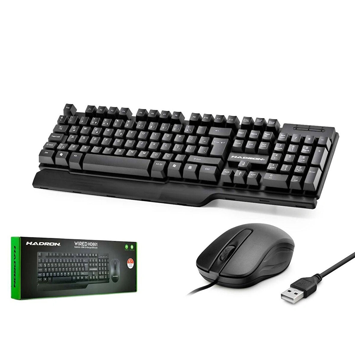 Hadron HD861 Türkçe-Q 1000dpi 1.50mt USB Kablolu Klavye Mouse Set - Siyah