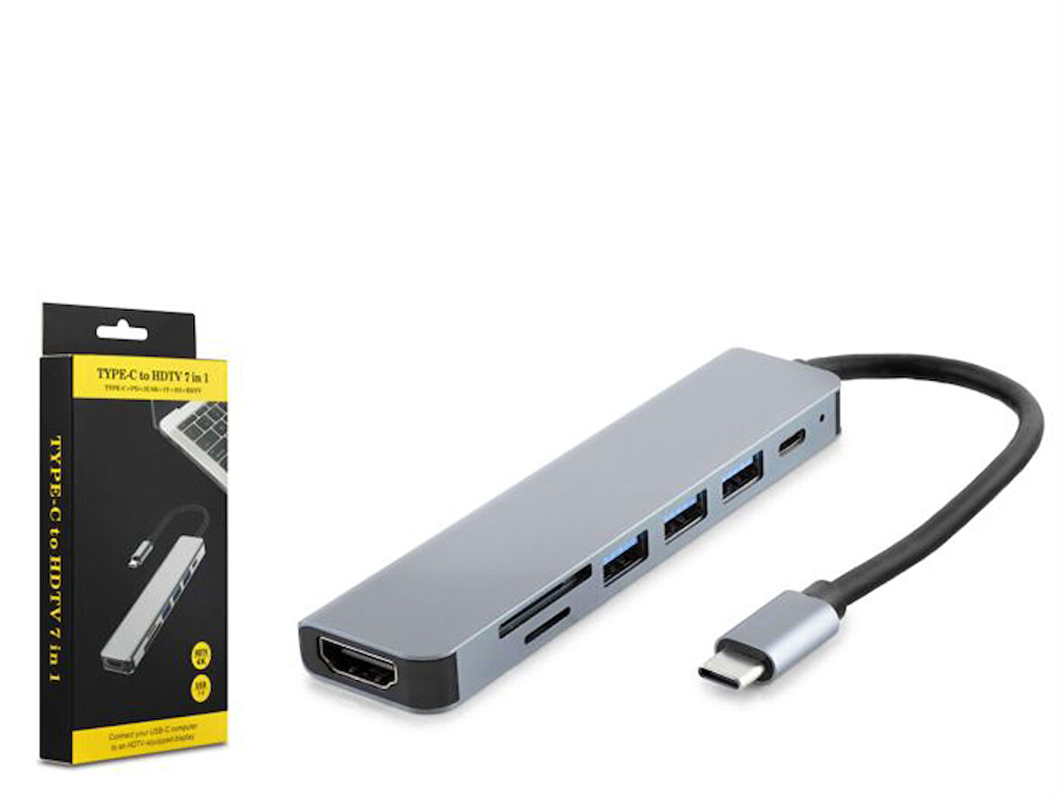 Hadron HDX7835 Type-C - 3xUSB 3.0 + Type-C + HDMI 4K + Kart Okuyucu 7in1 Dönüştürücü Adaptör - Gri