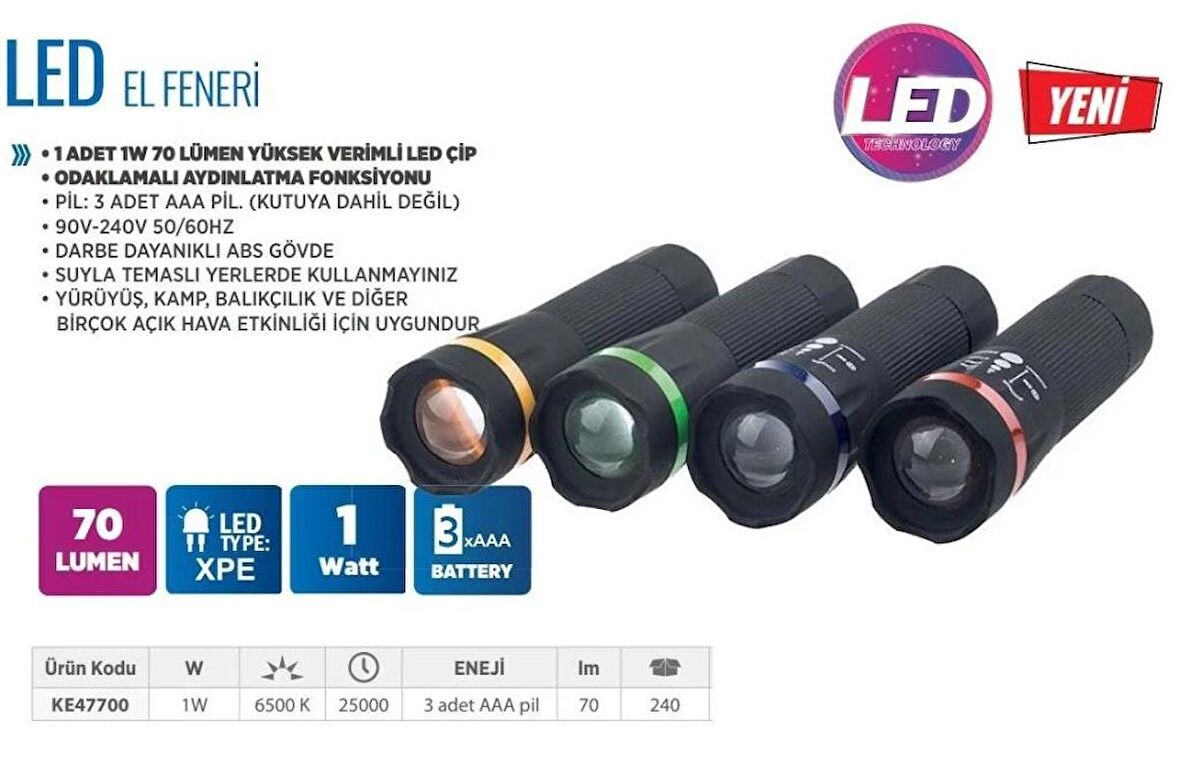 KLAUS LED EL FENERİ 1W 70 LUMEN 3A PİL KE47700