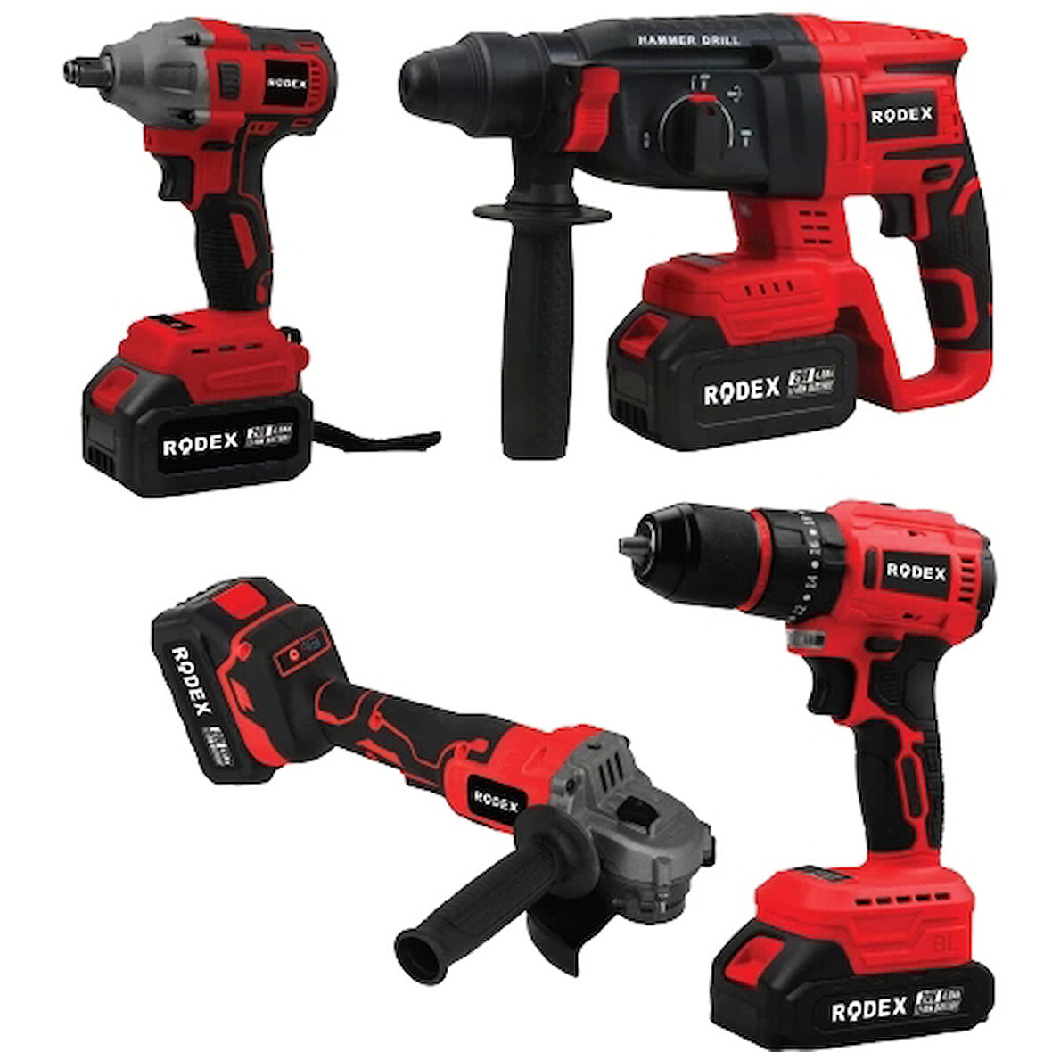 Rodex 4'lü Makine Seti 20V 3x4.0Ah Li-Ion D.Matkap 45Nm D.Somun Sıkma 300Nm Kırıcı Delici 2.5J Avuç Taşlama 125Mm AksesuarlI BMC