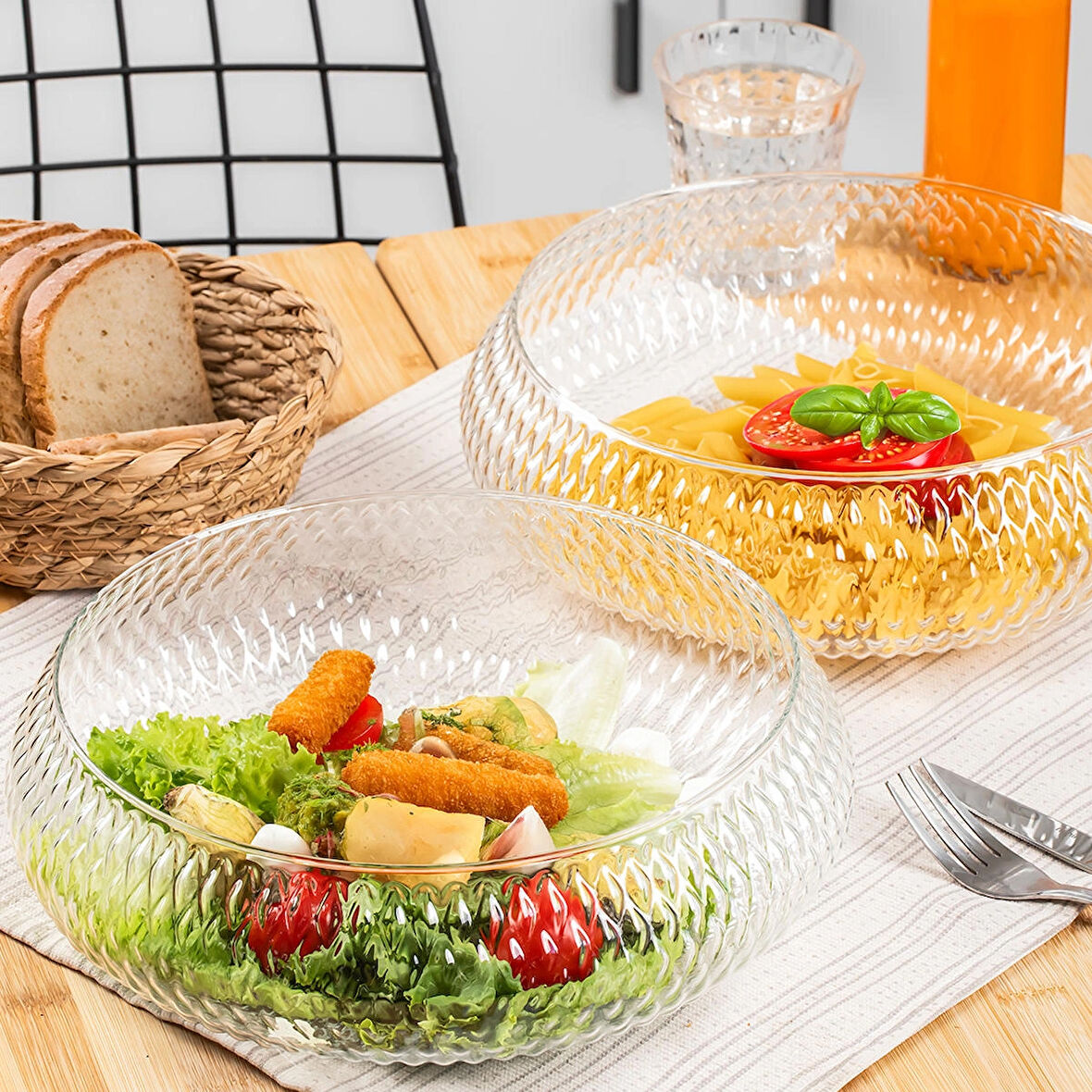 Porsima 4319 Rustik El Yapımı Büyük Boy Cam Salata Kasesi Şeffaf 26cm